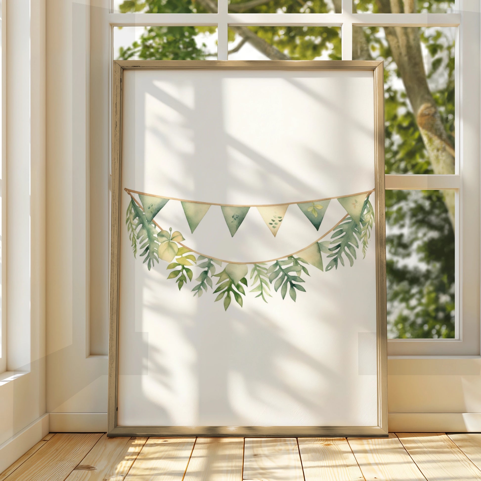 Nursery Wall Art Green Bunting Garland Poster, Botanical Baby Room Print, Watercolour Leaf Decor