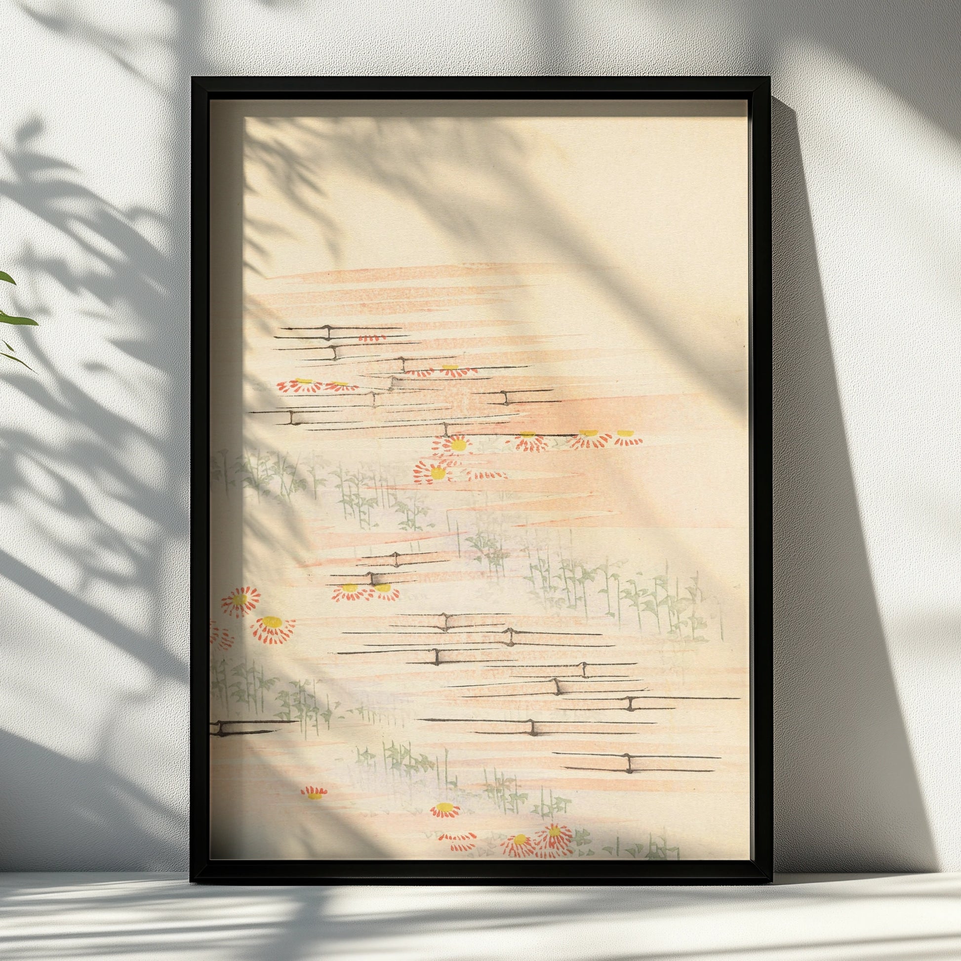 Japanese Botanical Print, Vintage Chrysanthemum Bamboo Wall Art, Japandi Floral Poster – A4 Black frame