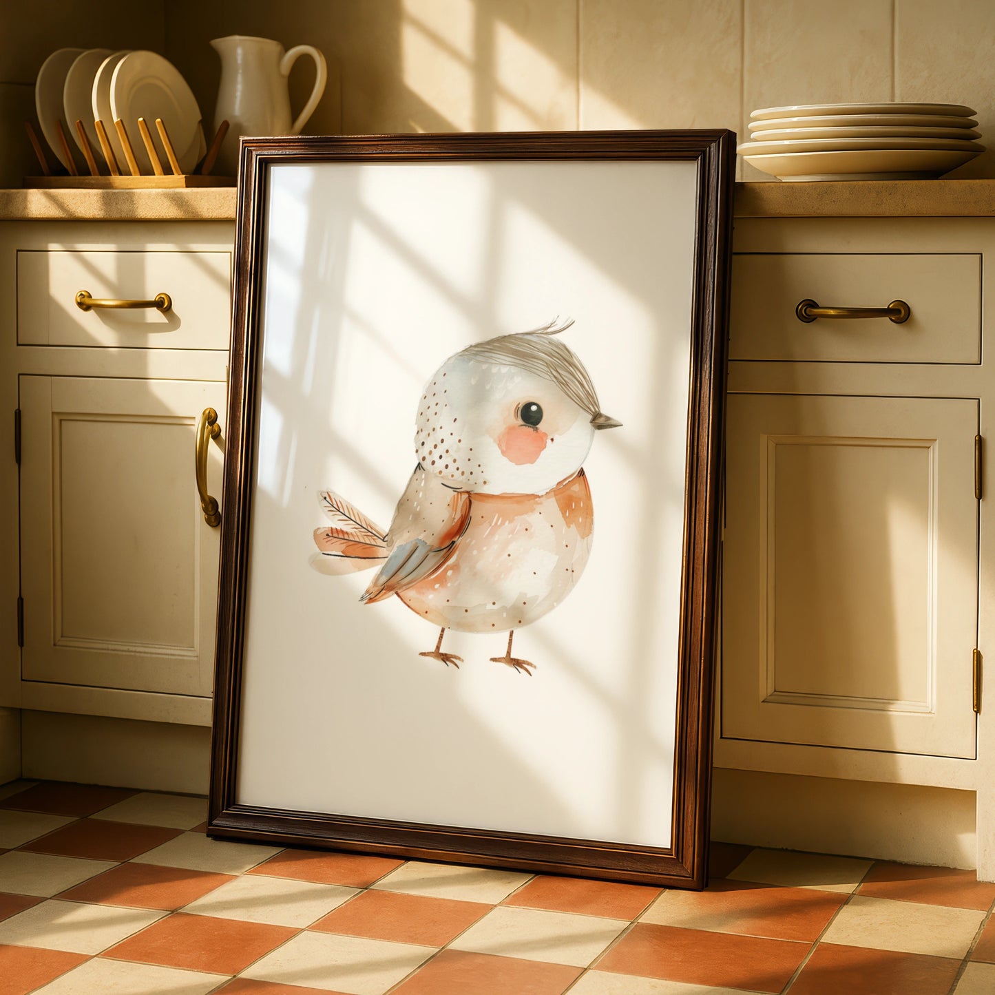 Nursery Bird Wall Art, Cute Watercolour Robin Poster, Baby Room Boho Neutral Decor Print