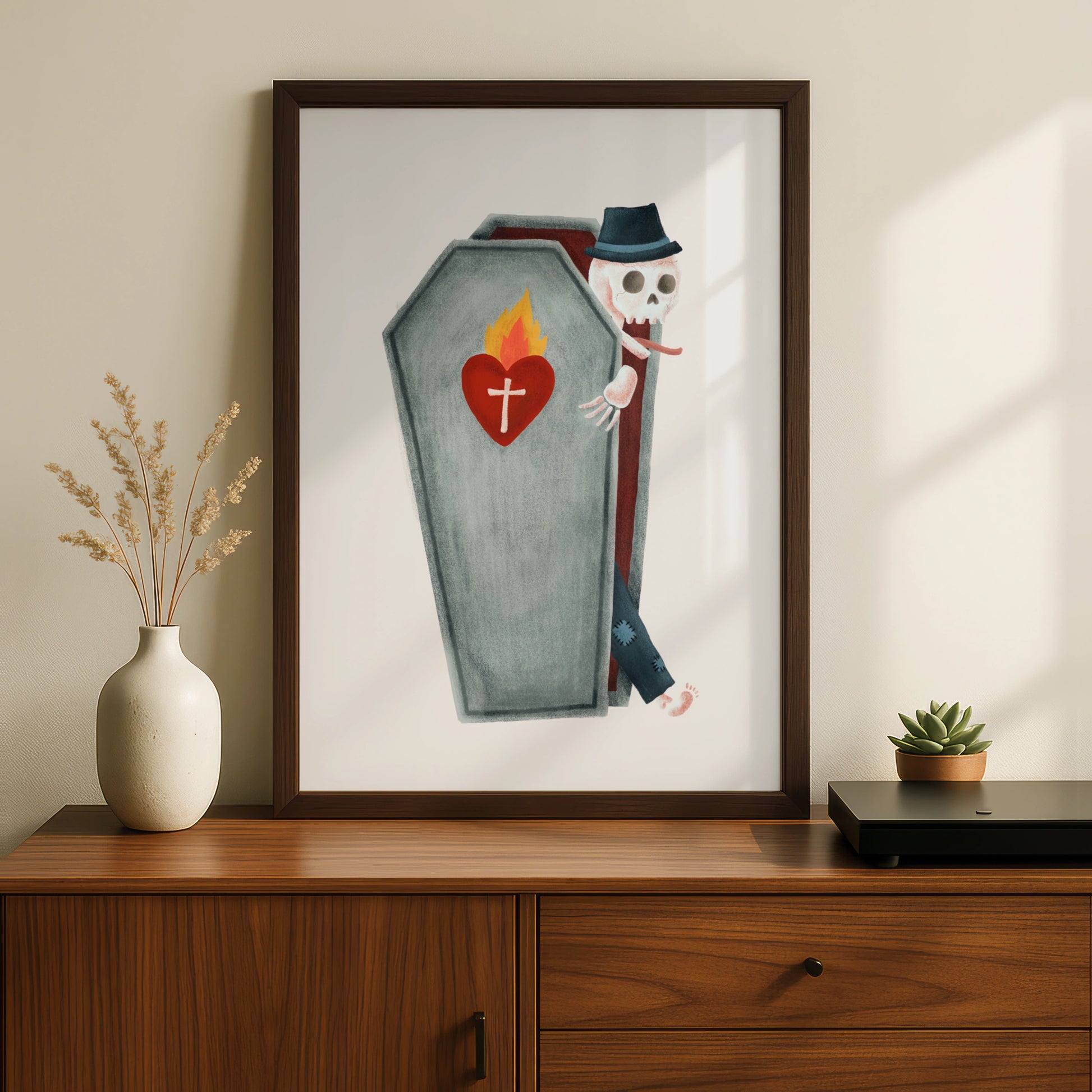 Halloween Skeleton Coffin Poster, Spooky Skull Wall Art, Sacred Heart Halloween Print, Gothic Decor
