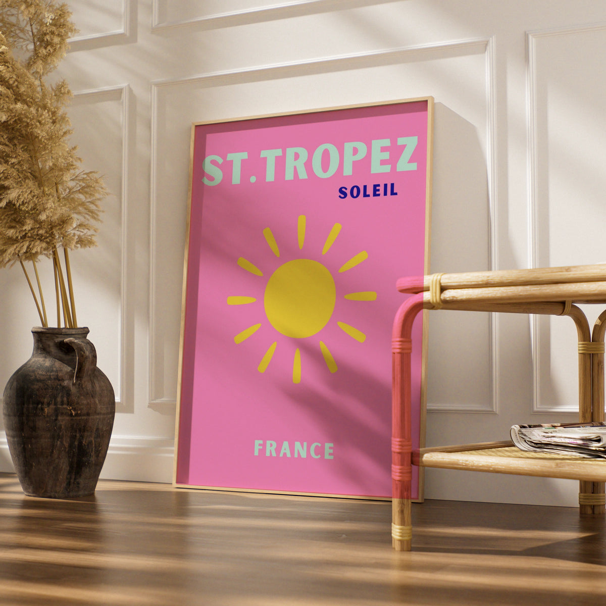 St Tropez Travel Poster, France Wall Art, Retro Sun Print, Pink French Riviera Decor