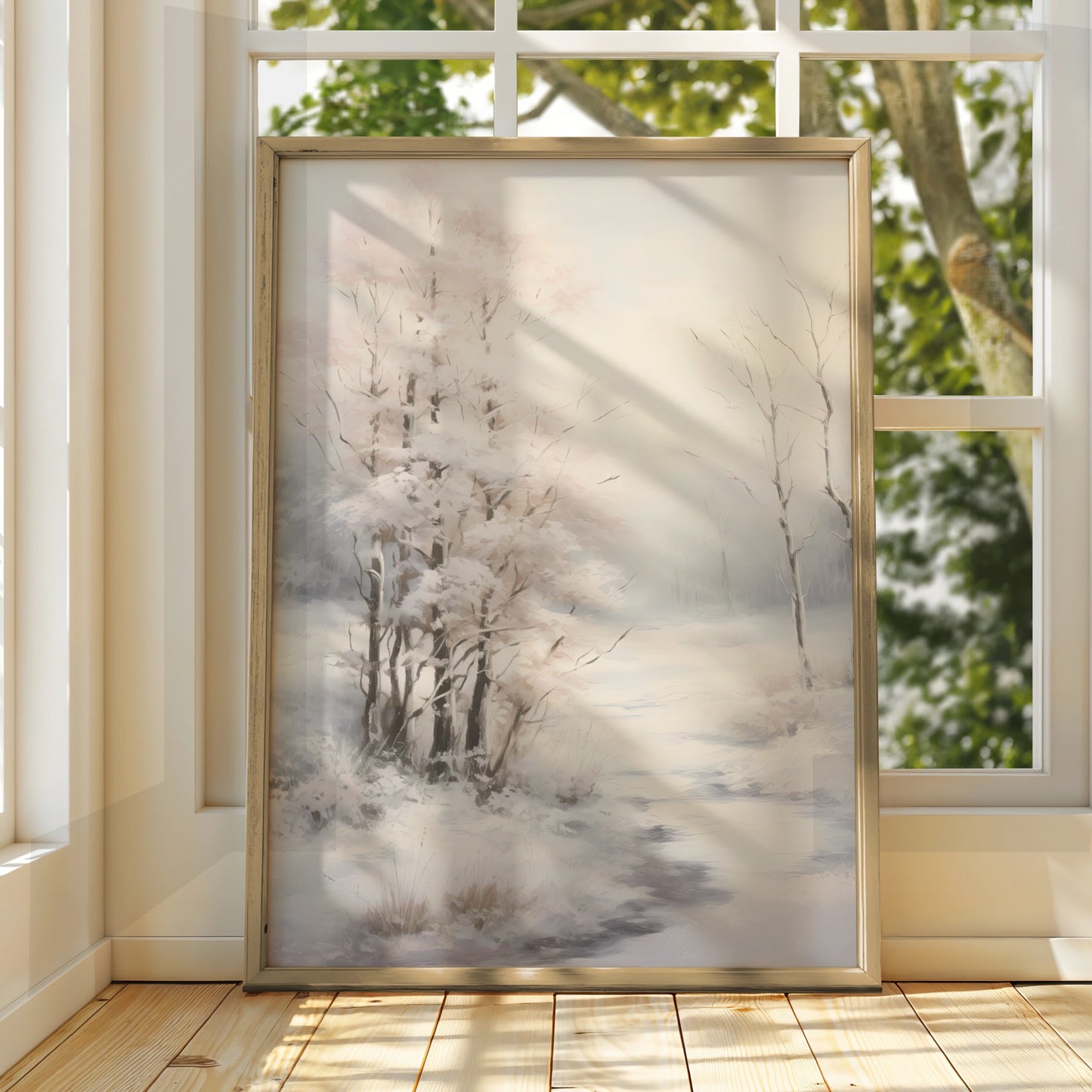 Christmas Winter Landscape Poster, Snowy Trees Wall Art, Neutral Festive Print, Minimalist Xmas