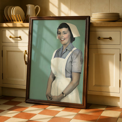 Vintage Nurse Portrait Poster, Retro Halloween Costume Wall Art, 1950s Teal Print