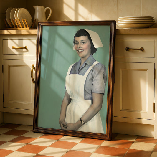Vintage Nurse Portrait Poster, Retro Halloween Costume Wall Art, 1950s Teal Print