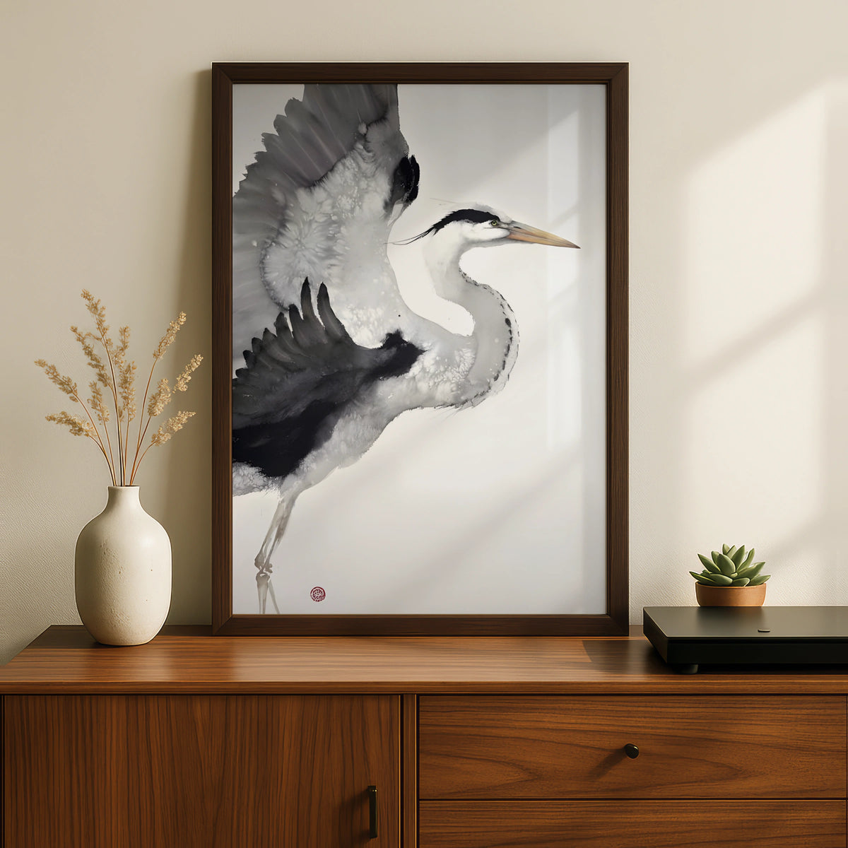 Heron Ink Art Print, Monochrome Wall Art, Black and White Bird Poster, Minimalist Print