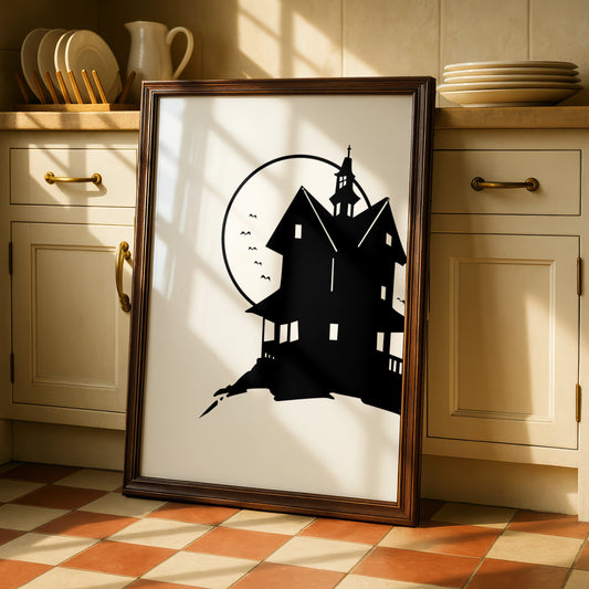 Halloween Haunted House Poster, Spooky Black Silhouette Wall Art, Full Moon Print