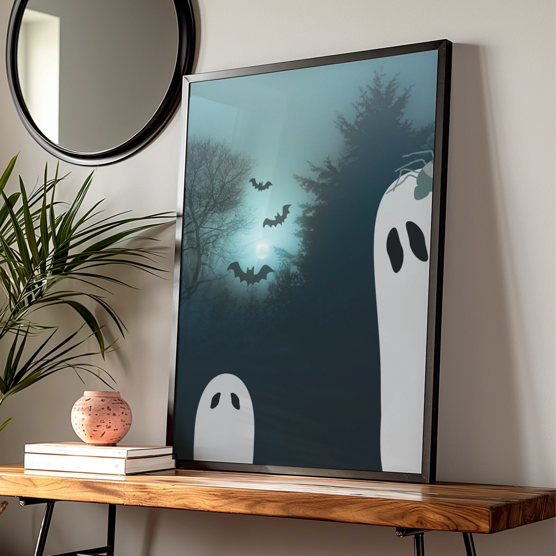 Halloween Ghost Poster, Spooky Forest Wall Art, Bats Full Moon Print, Teal Dark