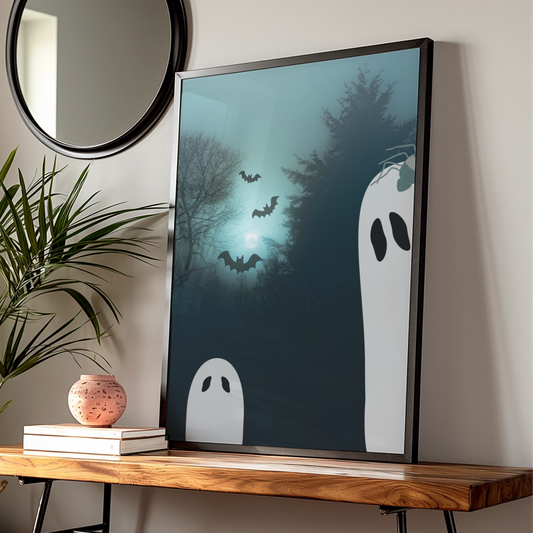 Halloween Ghost Poster, Spooky Forest Wall Art, Bats Full Moon Print, Teal Dark