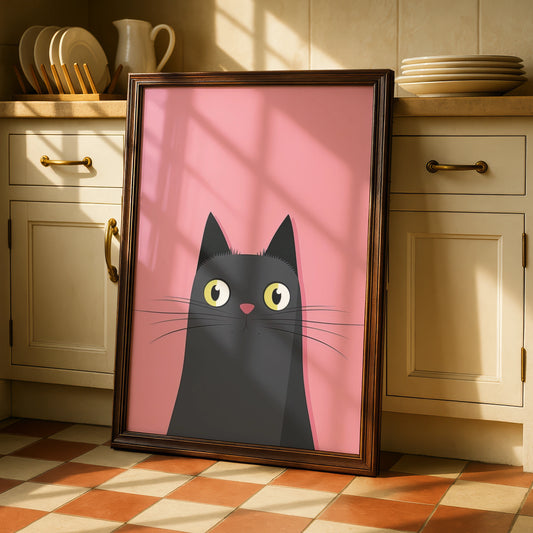 Black Cat Nursery Wall Art, Cute Cat Poster, Pink Kids Room Print, Minimalist Animal