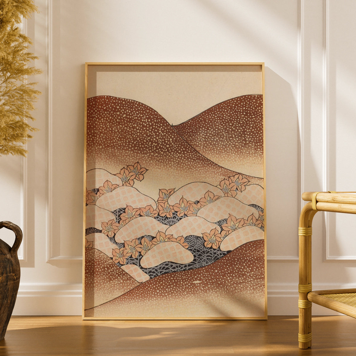 Japanese Botanical Print, Vintage Woodblock Wall Art, Floral Japandi Poster, Terracotta Waves – A5 print