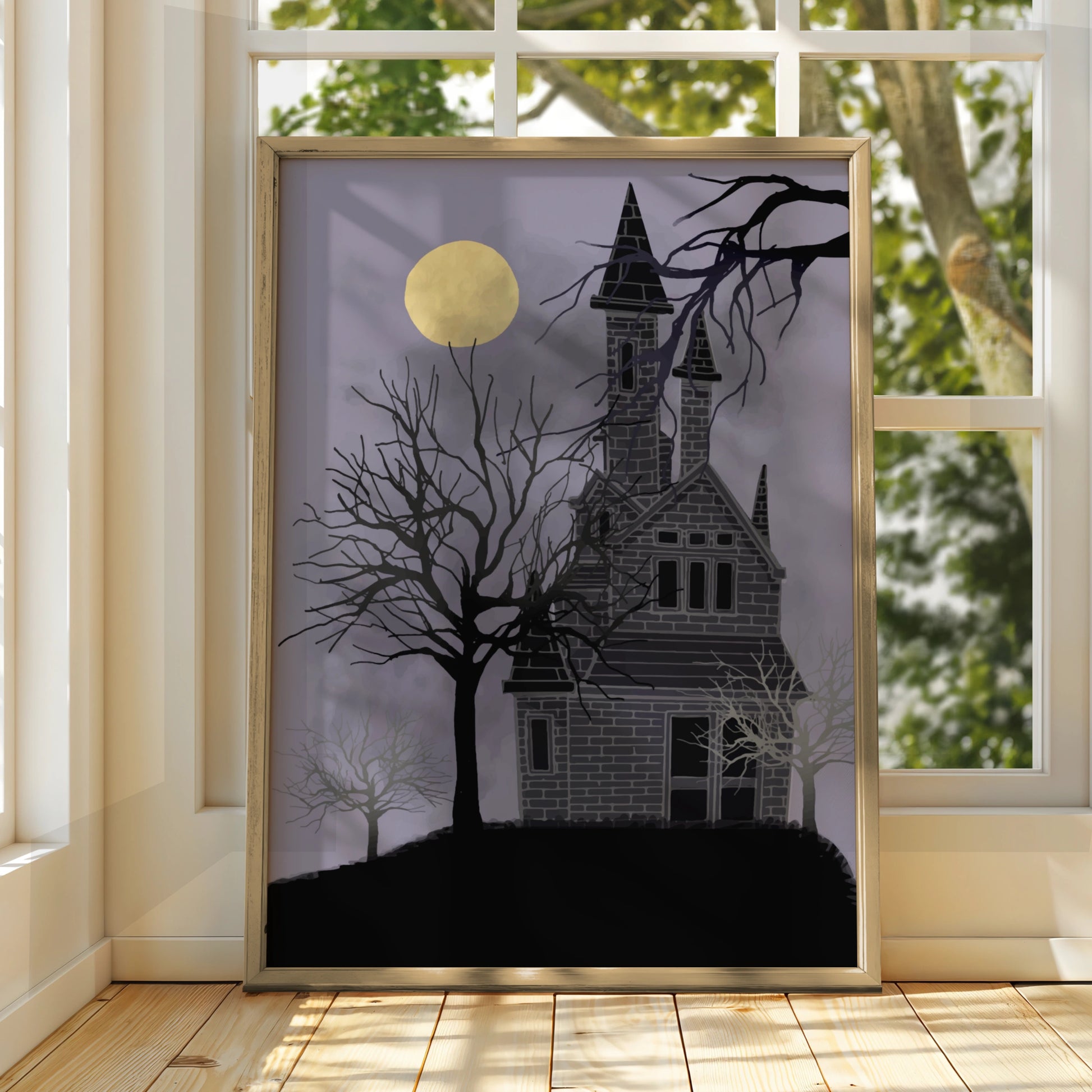 Haunted House Halloween Art Print, Spooky Full Moon Poster, Dark Gothic Wall Art