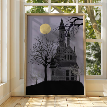 Haunted House Halloween Art Print, Spooky Full Moon Poster, Dark Gothic Wall Art