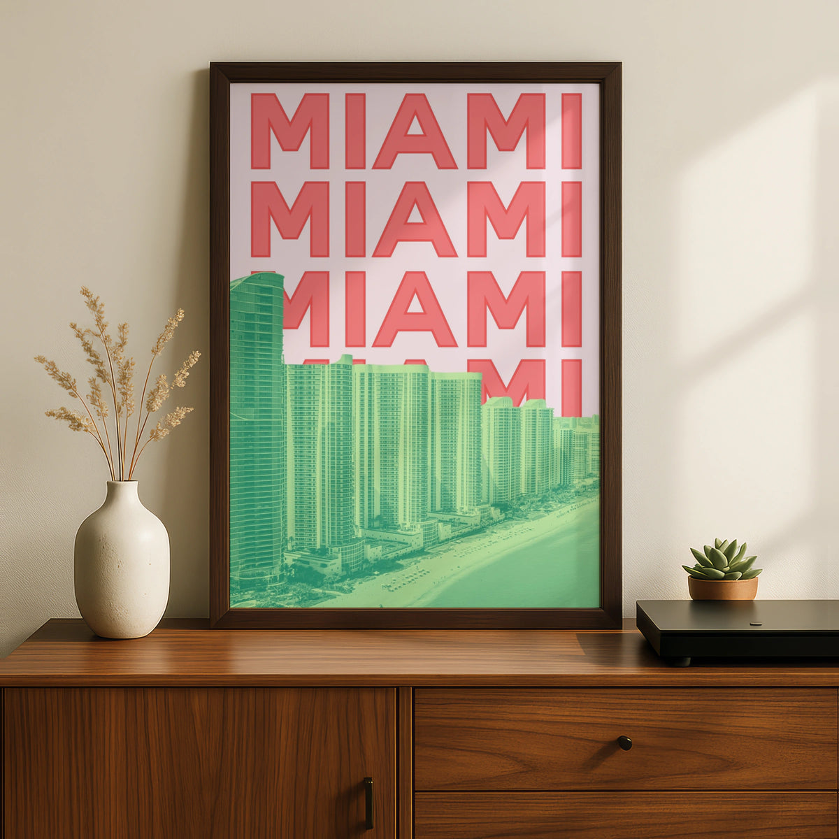 Miami Travel Poster, Florida Retro Wall Art, City Print, Pink Green Bold Typography Decor