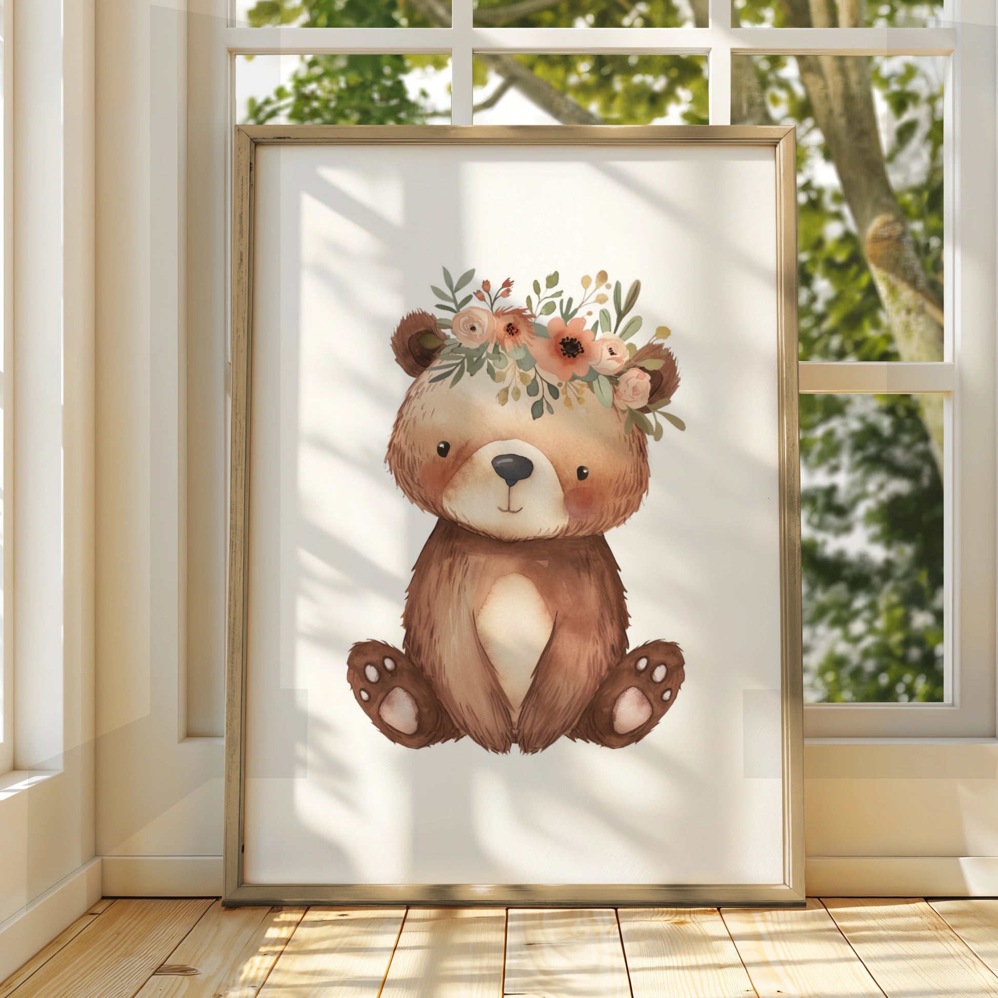 Floral Bear Nursery Wall Art, Watercolour Baby Bear Poster, Woodland Animal Print for Kids Room