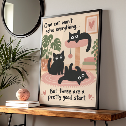 Three Black Cats Funny Poster, Quirky Cat Wall Art, Humorous Feline Print, Cat Lover Gift — Digital Download