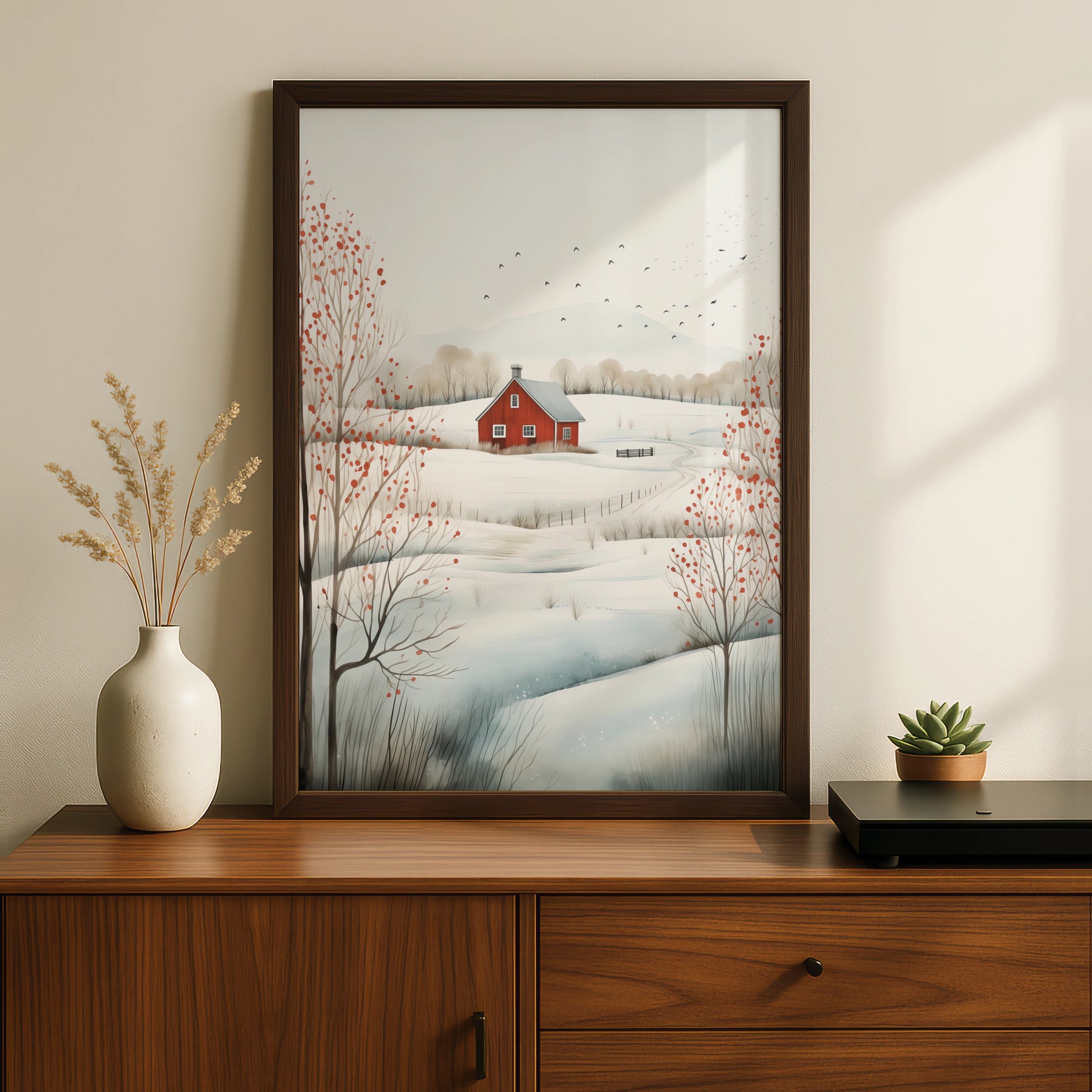 Christmas Winter Landscape Poster, Red Barn Snow Scene, Scandi Farmhouse Wall Art Print