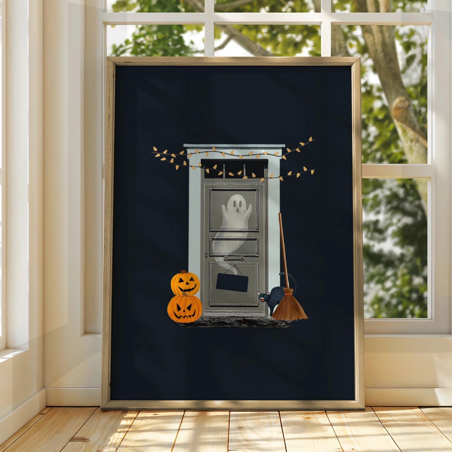 Halloween Ghost Door Poster, Spooky Black Cat Pumpkin Wall Art, Witch Broom Print