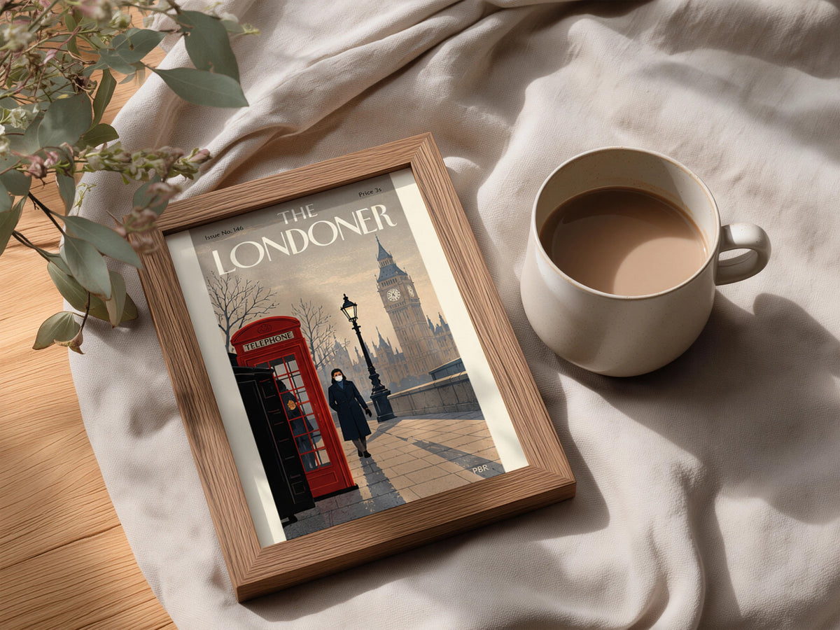 London Lockdown Poster, Vintage Magazine Cover Wall Art, Red Telephone Box Big Ben Art Print