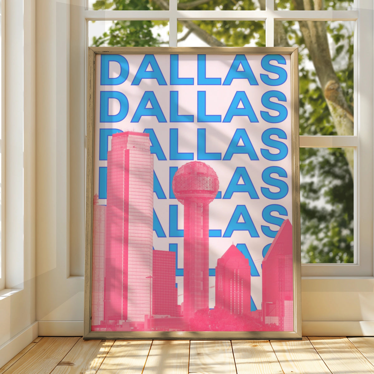 Dallas Travel Poster, Texas City Wall Art, Retro Skyline Print, Pink Blue Modern Decor