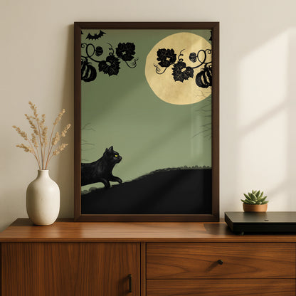 Halloween Black Cat Poster, Jack O Lantern Full Moon Wall Art, Spooky Pumpkin Print