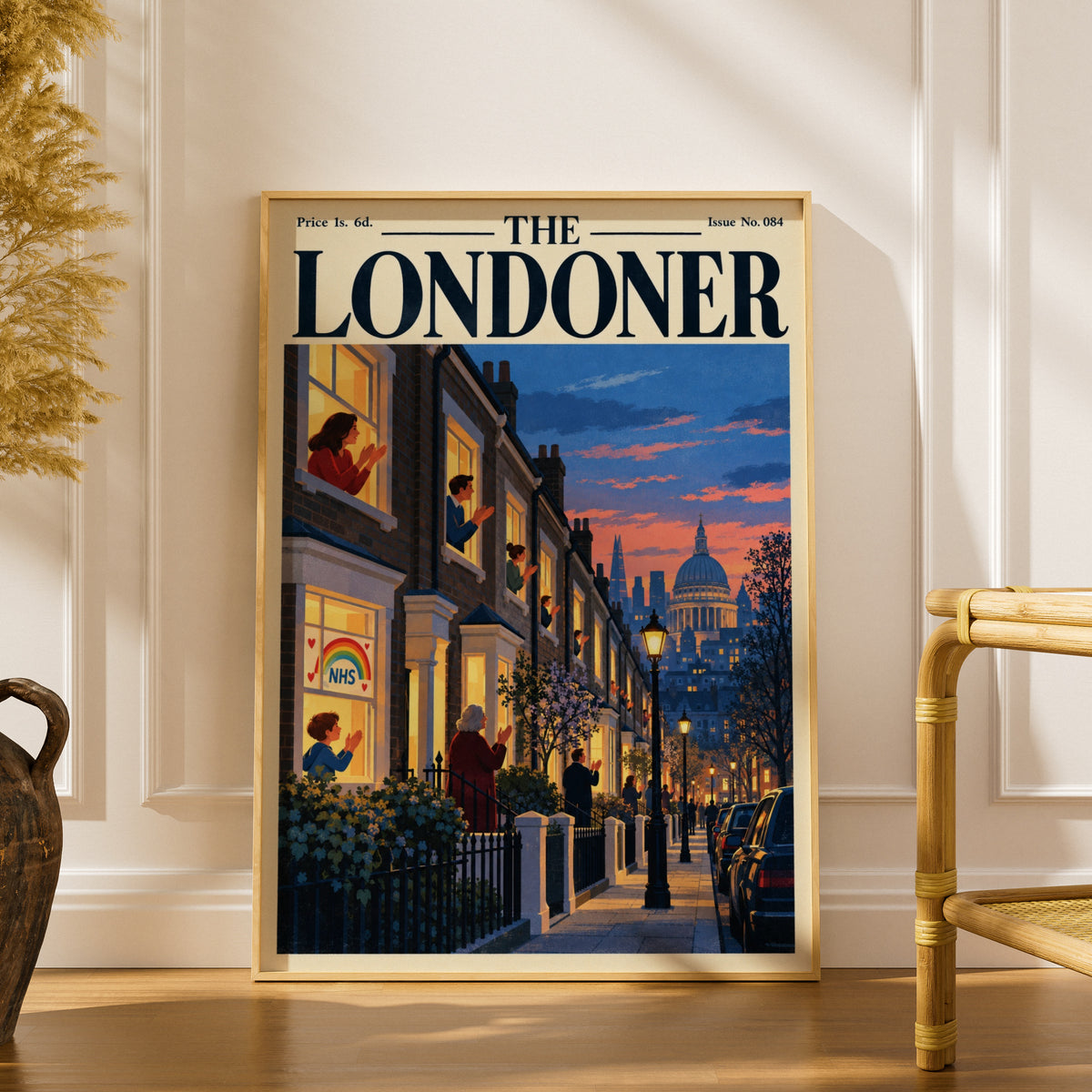 The Londoner Magazine Cover Poster, London Street at Dusk, St Pauls Dome, Retro Wall Art Print