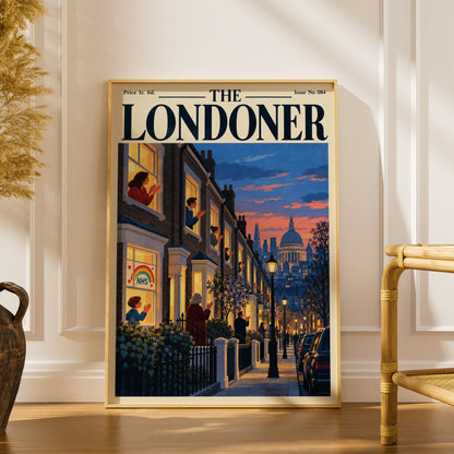 The Londoner Magazine Cover Poster, London Street at Dusk, St Pauls Dome, Retro Wall Art Print