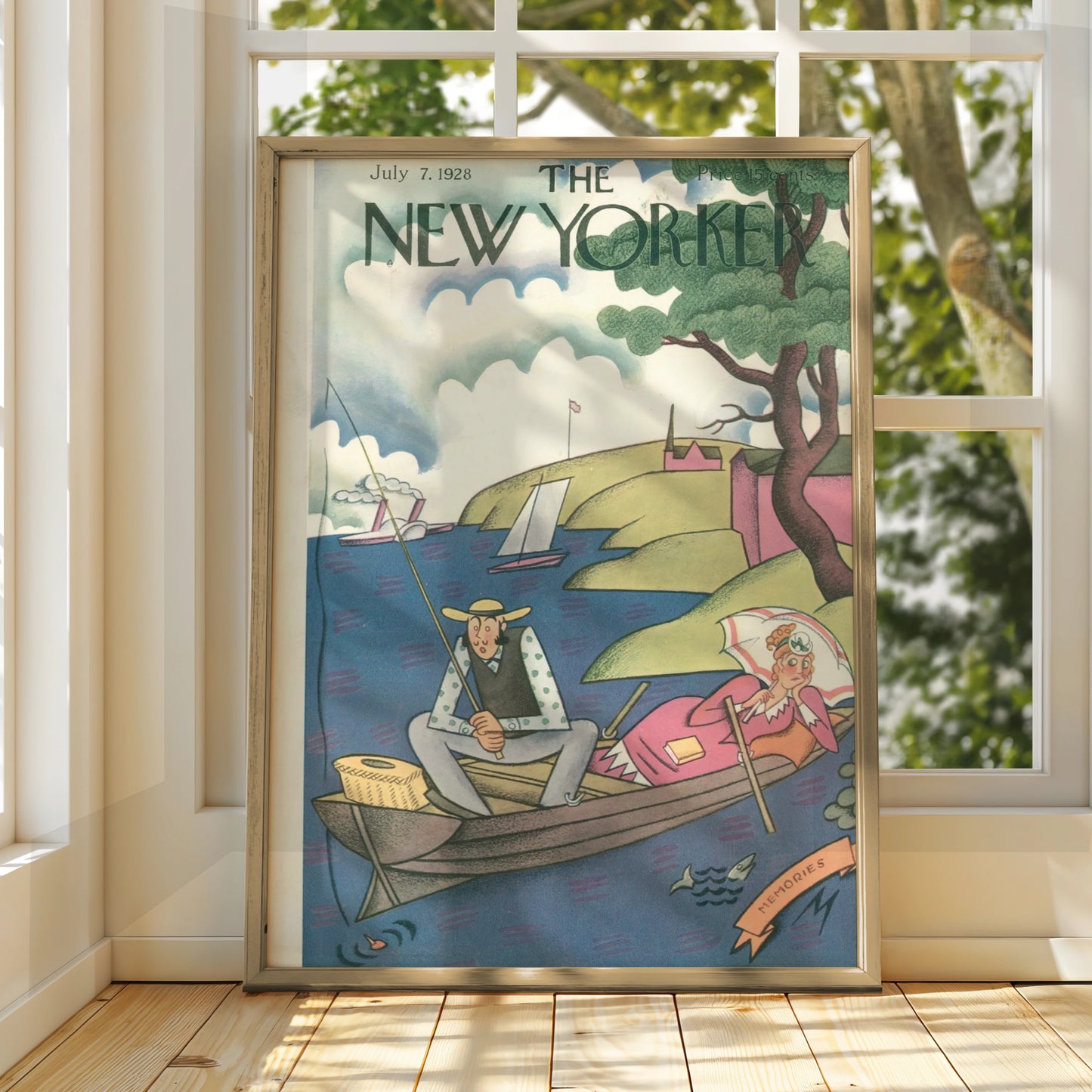 New Yorker 1928 Vintage Cover Poster, Fishing Boat Couple, Retro Wall Art Print