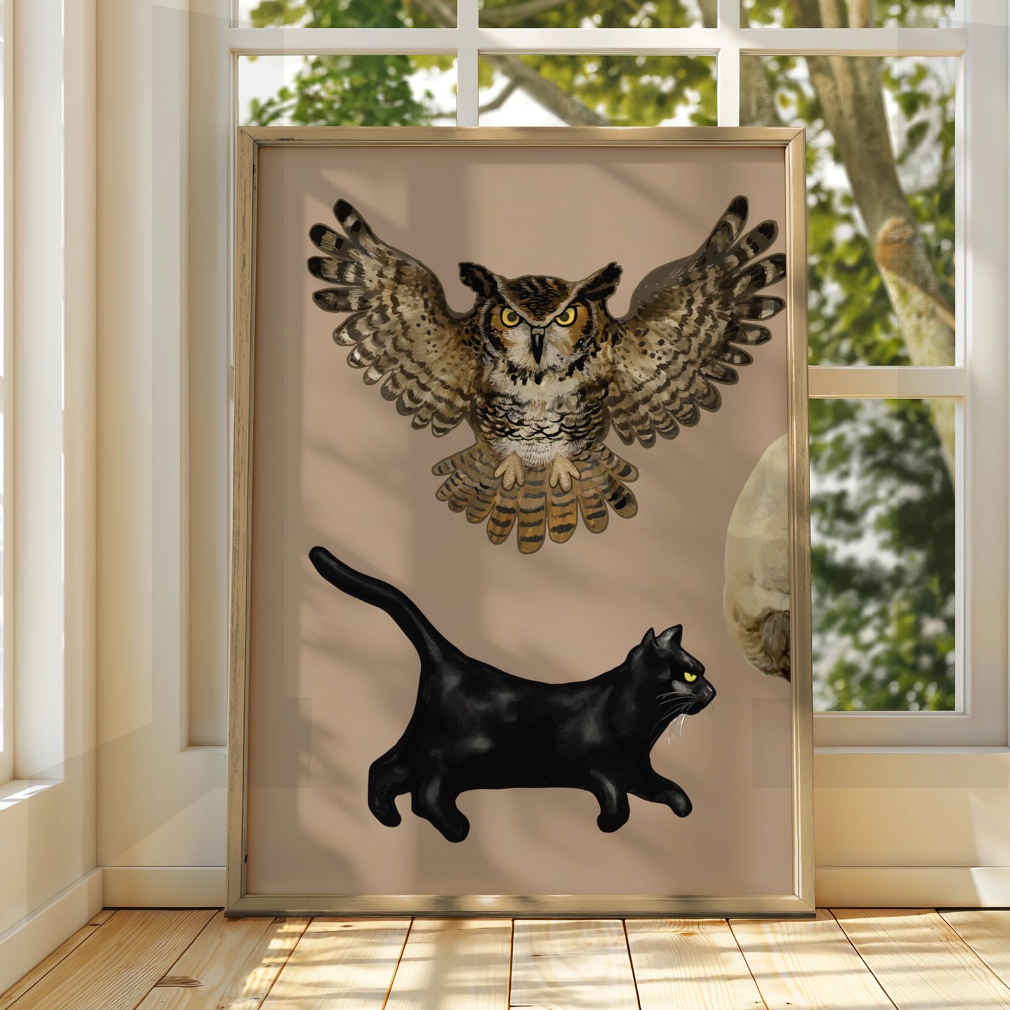 Halloween Owl Black Cat Poster, Spooky Moon Wall Art, Witch Familiar Print, Gothic Home Decor