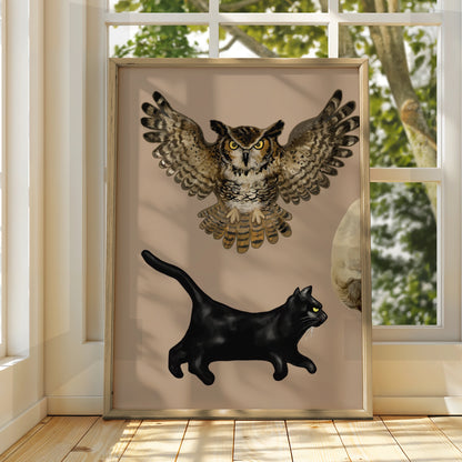 Halloween Owl Black Cat Poster, Spooky Moon Wall Art, Witch Familiar Print, Gothic Home Decor