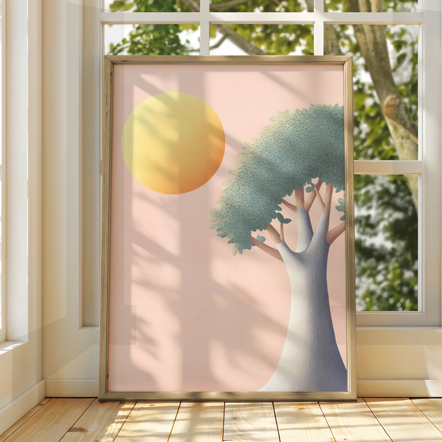 Nursery Tree Wall Art, Pastel Sun Print, Baby Room Poster, Soft Pink Children's Decor