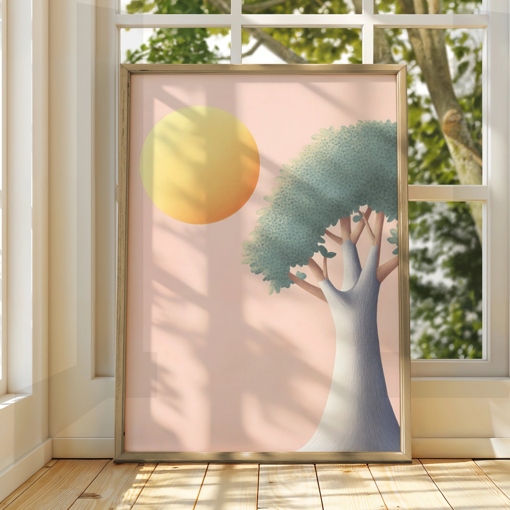 Nursery Tree Wall Art, Pastel Sun Print, Baby Room Poster, Soft Pink Children's Decor
