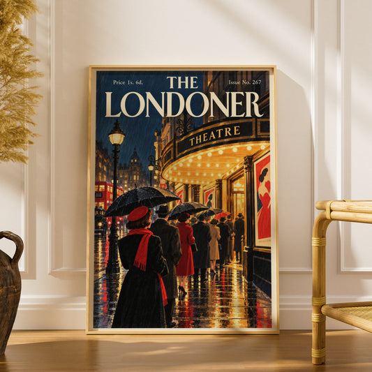 Vintage London Theatre Poster, Rainy Night Wall Art, Retro Magazine Cover Art Print, Red Black Decor