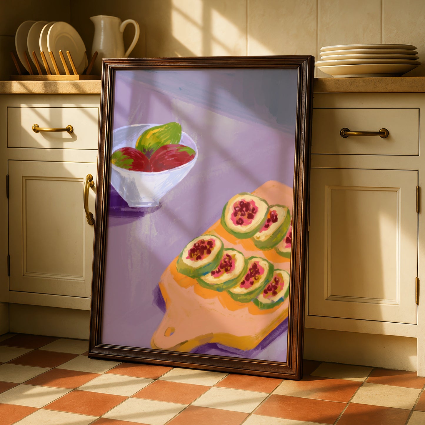 Maximalist Fruit Still Life Poster, Bold Kitchen Wall Art, Fig Cutting Board Print, Colourful