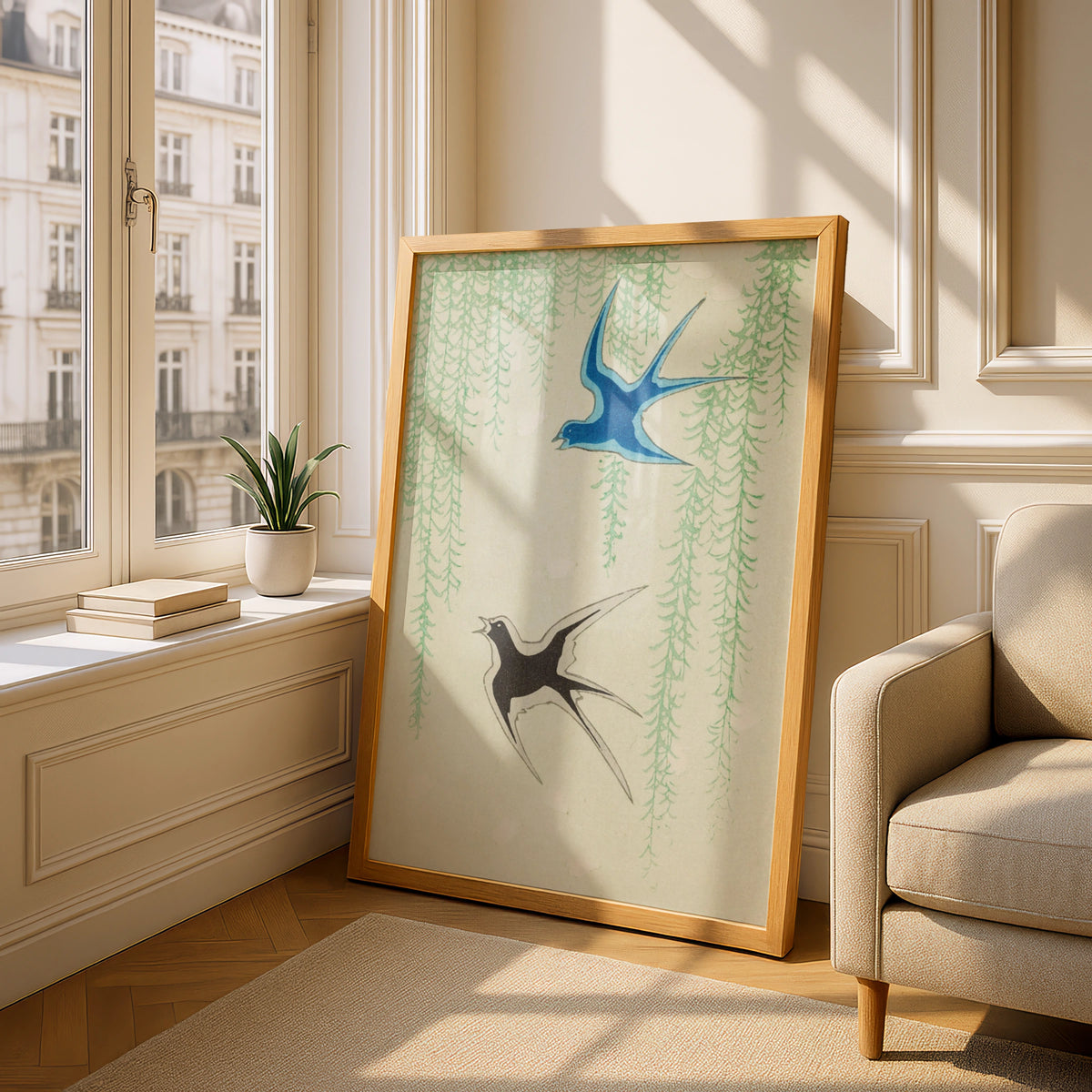 Japanese Swallow Wall Art, Vintage Woodblock Bird Print, Japandi Willow Poster – A5 Oak frame