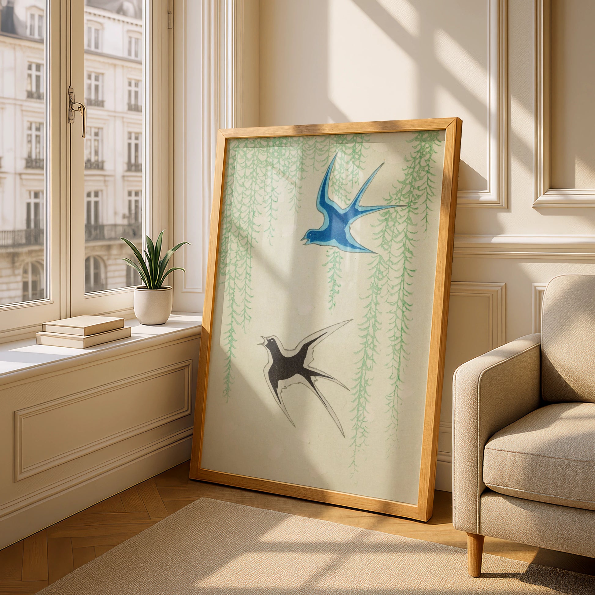Japanese Swallow Wall Art, Vintage Woodblock Bird Print, Japandi Willow Poster – A5 Oak frame
