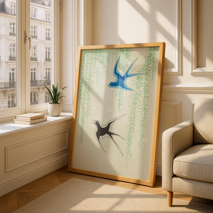 Japanese Swallow Wall Art, Vintage Woodblock Bird Print, Japandi Willow Poster – A5 Oak frame