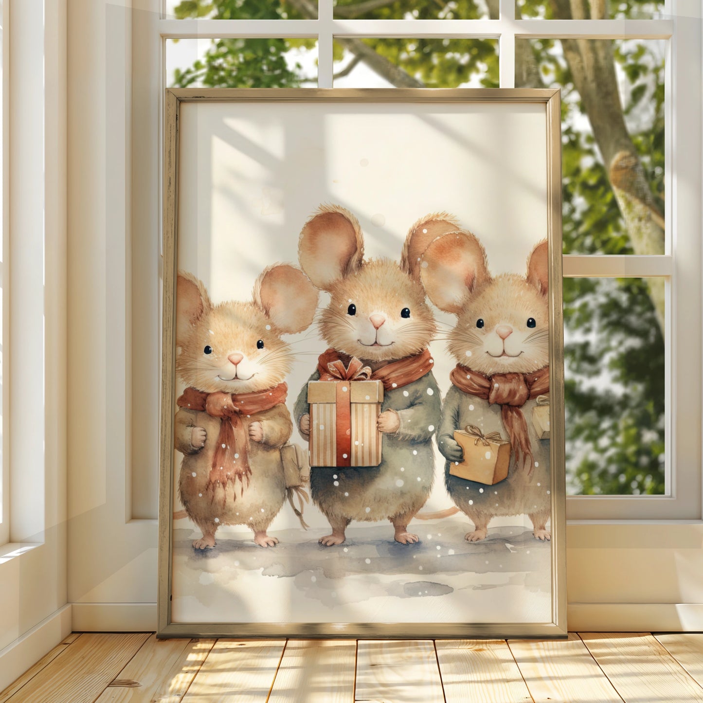 Christmas Mouse Poster, Cute Mice with Gifts Winter Wall Art, Watercolour Xmas Animal Print