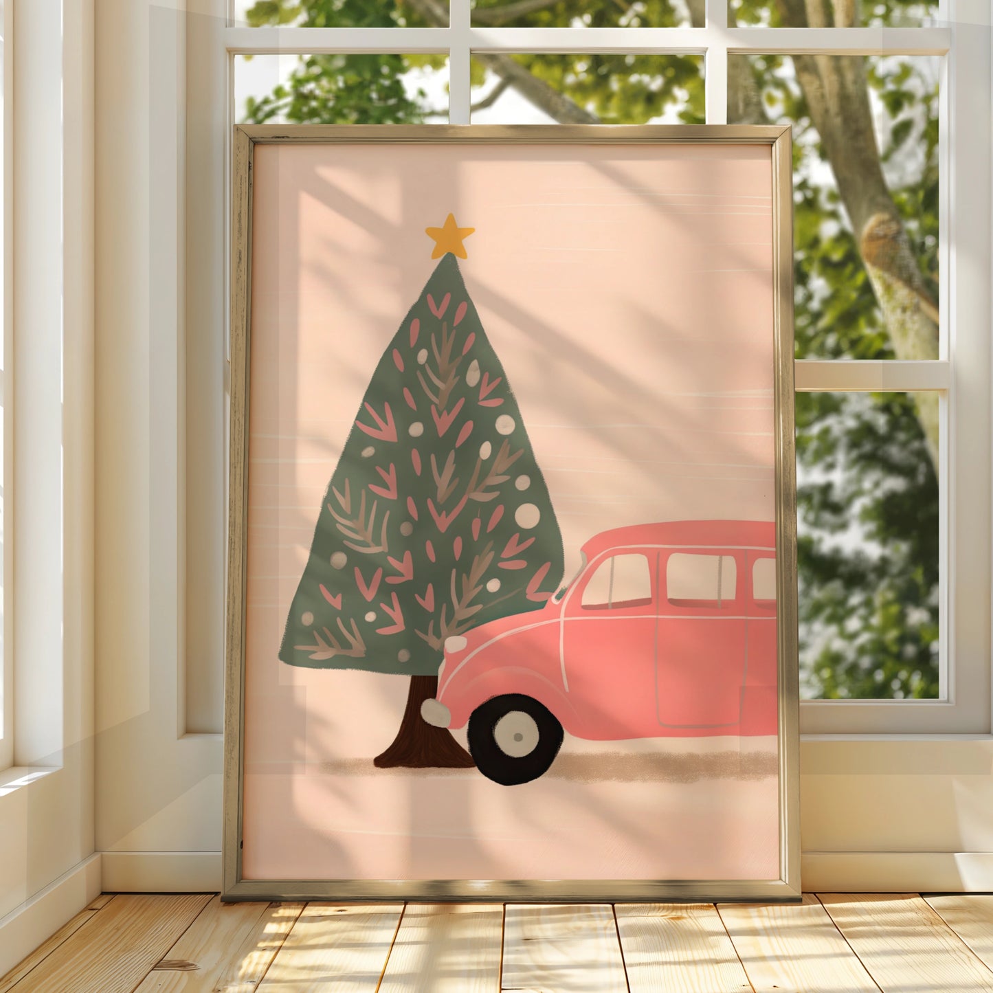 Pink Retro Car Christmas Poster, Festive Tree Wall Art, Cute Xmas Print, Holiday Home Decor