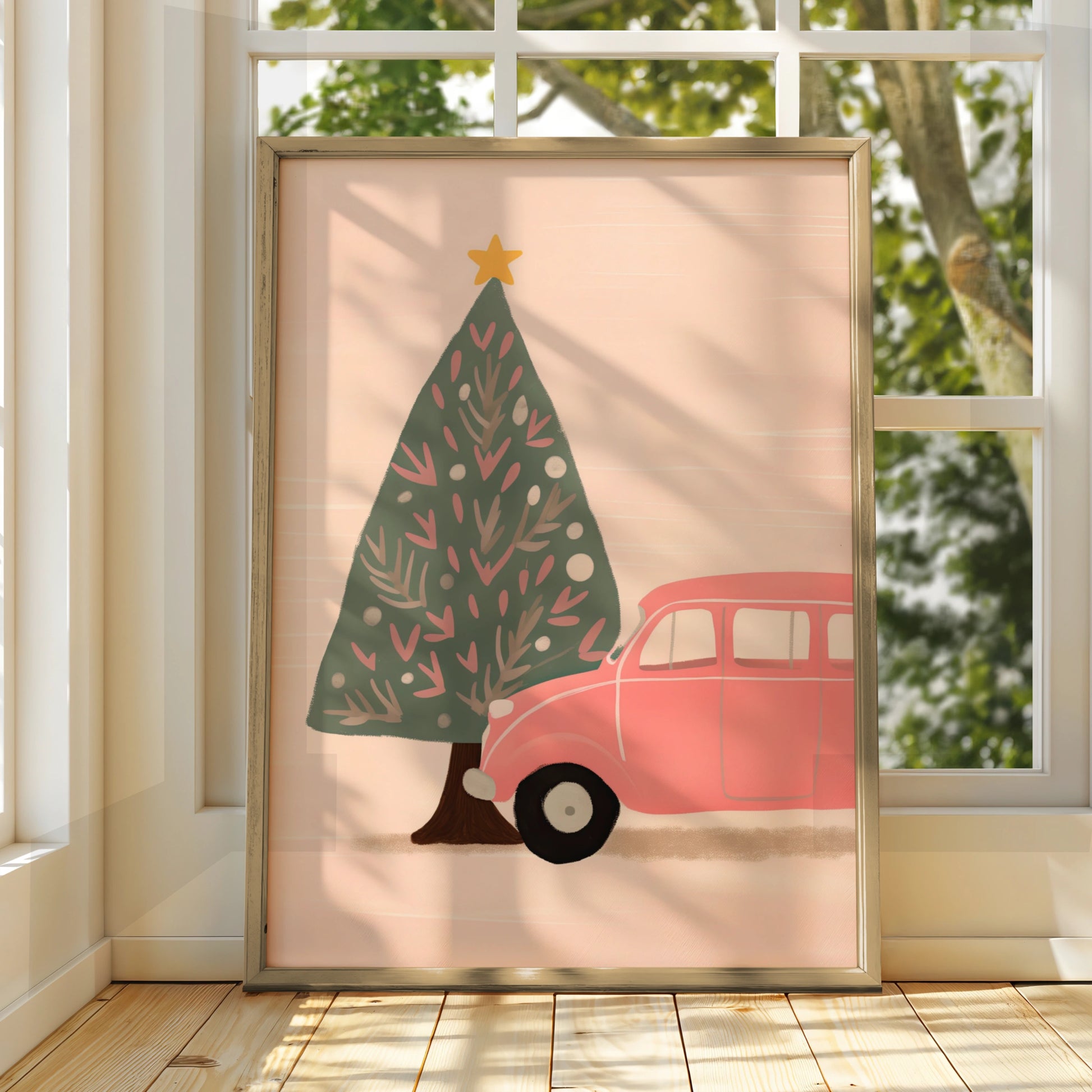 Pink Retro Car Christmas Poster, Festive Tree Wall Art, Cute Xmas Print, Holiday Home Decor