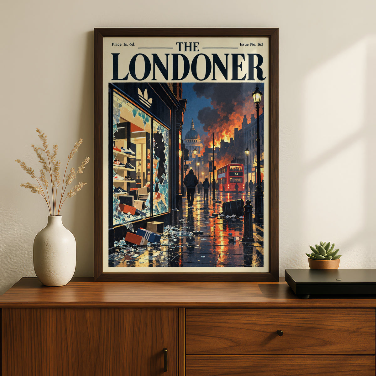 The Londoner Poster, London Street Riot Scene, Red Bus Night, Vintage Magazine Cover Wall Art Print