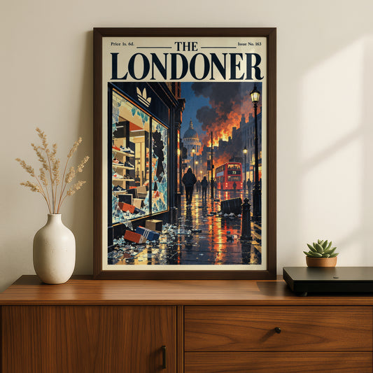 The Londoner Poster, London Street Riot Scene, Red Bus Night, Vintage Magazine Cover Wall Art Print