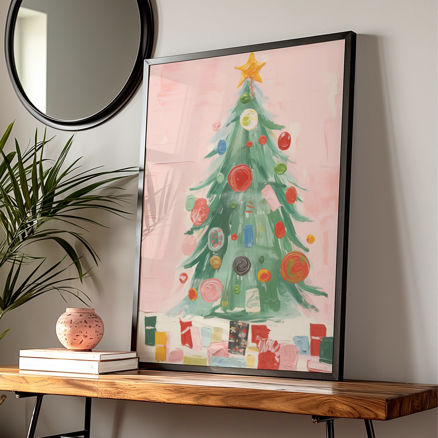 Christmas Tree Poster, Colourful Baubles Pink Wall Art, Festive Holiday Print, Xmas Gallery Decor