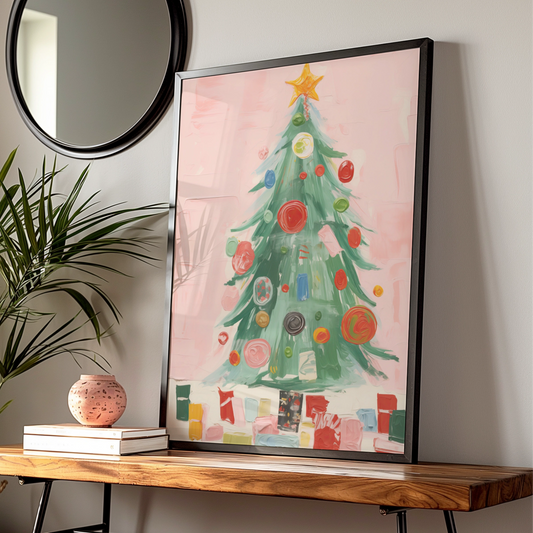 Christmas Tree Poster, Colourful Baubles Pink Wall Art, Festive Holiday Print, Xmas Gallery Decor