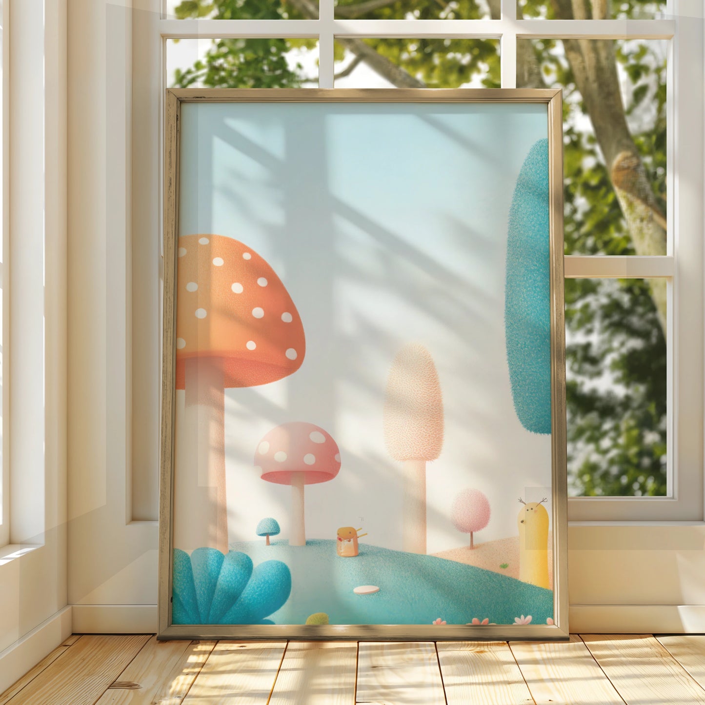 Mushroom Nursery Wall Art, Whimsical Forest Print, Pastel Kids Room Poster, Baby Decor