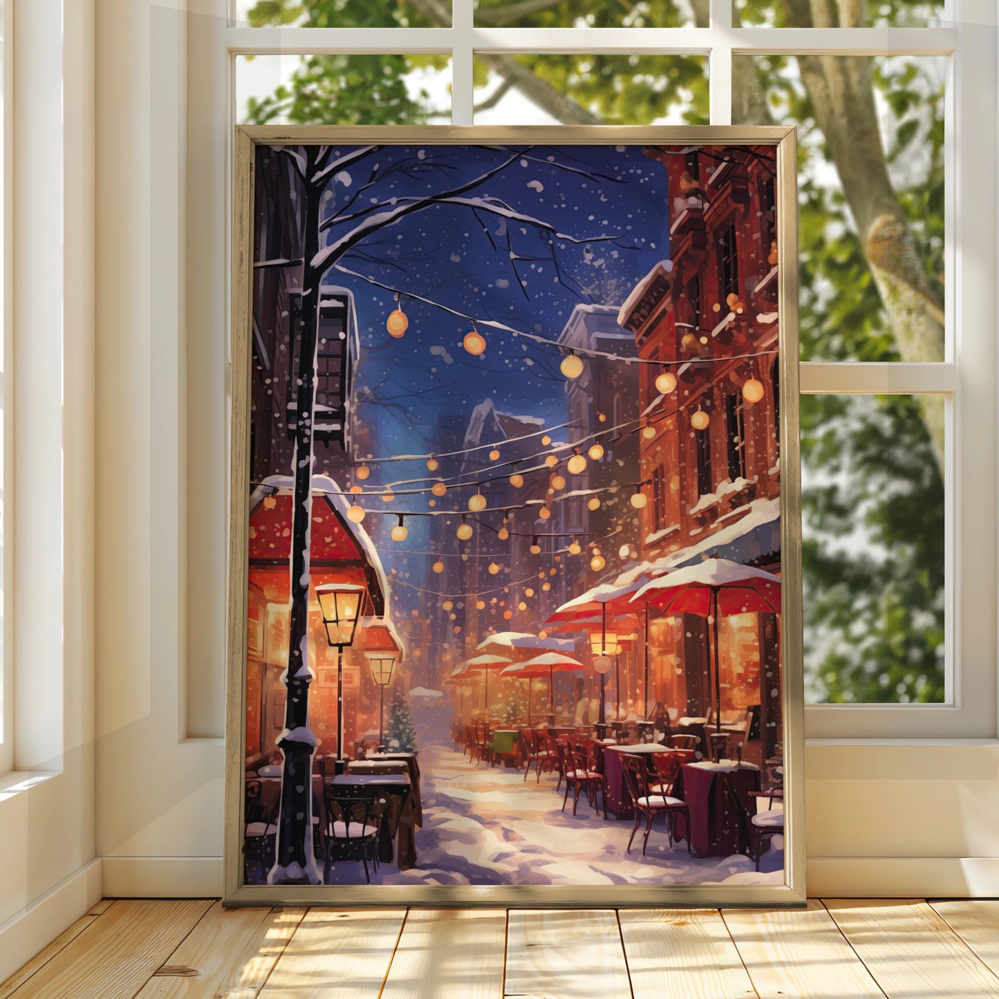 Christmas Street Scene Poster, Snowy Winter Night Wall Art, Festive City Lights Print
