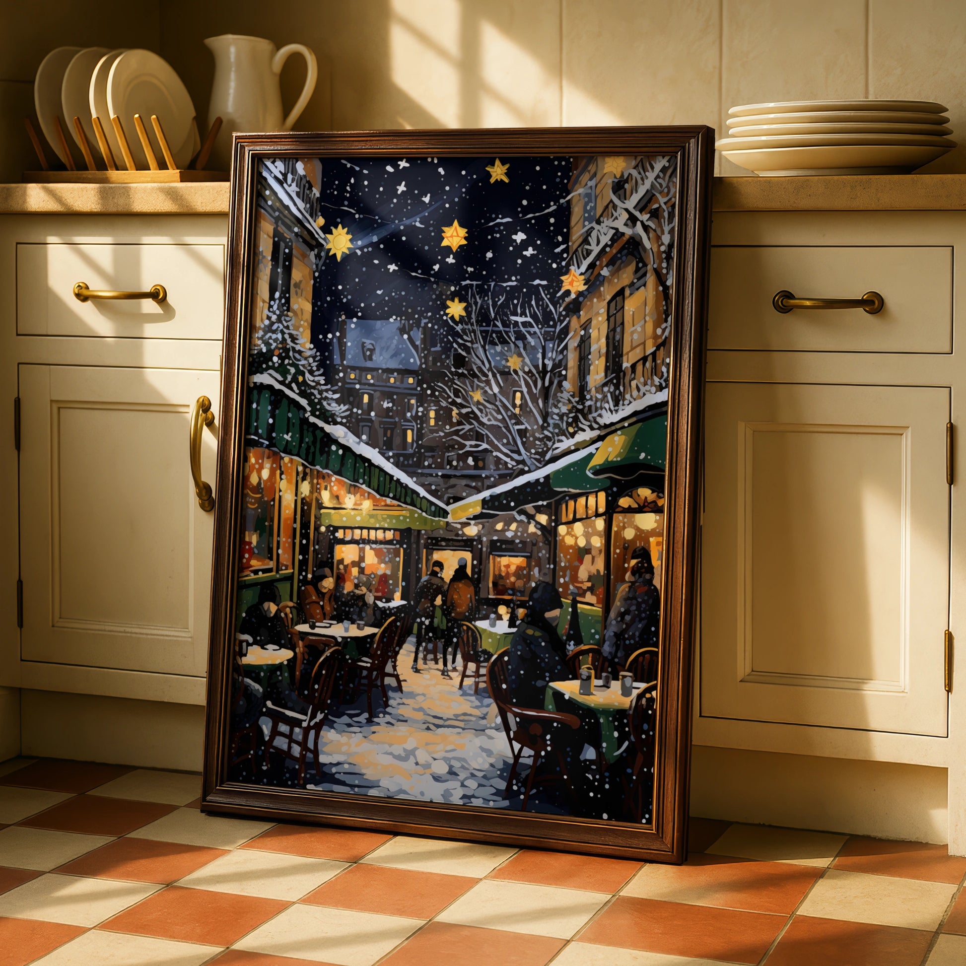 Christmas Market Poster, Snowy Night Street Scene, Festive Star Lights Wall Art Print