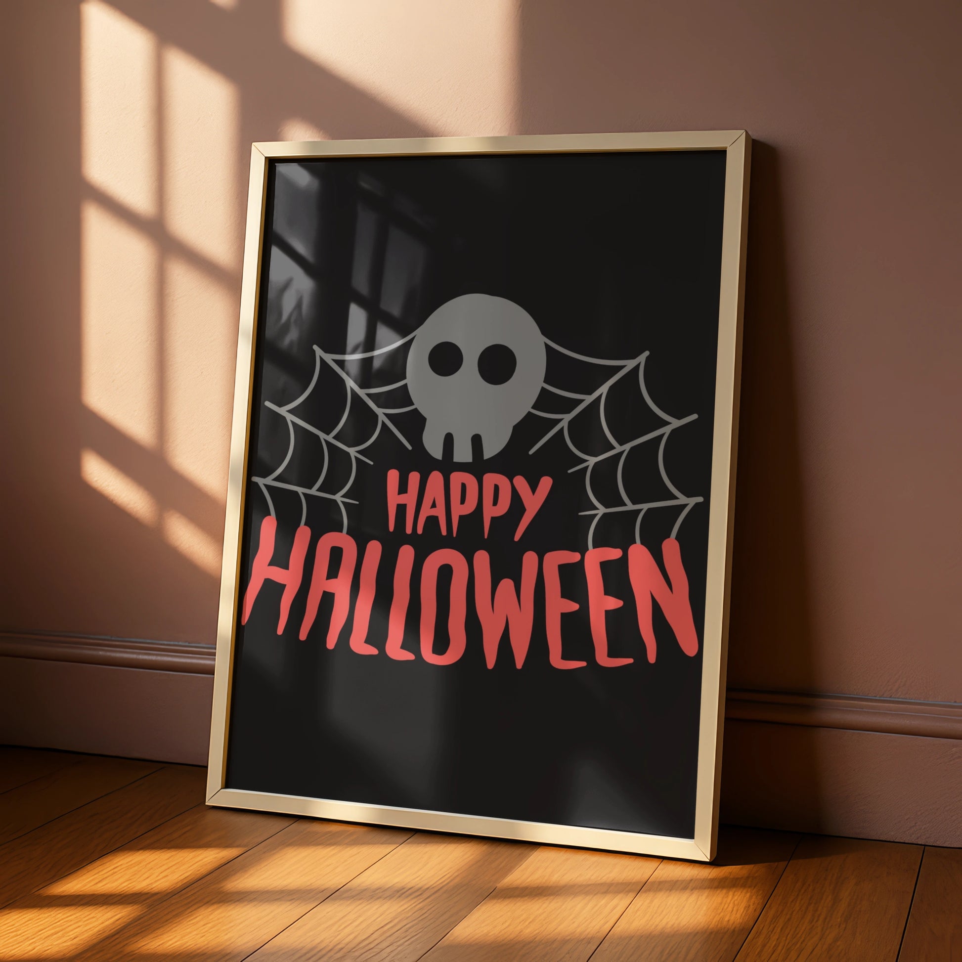 Happy Halloween Skull Spider Web Poster, Spooky Wall Art, Black Pink Halloween Print