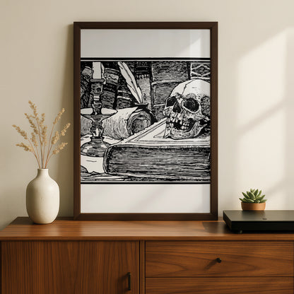 Halloween Skull Vanitas Poster, Gothic Black White Wall Art, Spooky Dark Academia Print