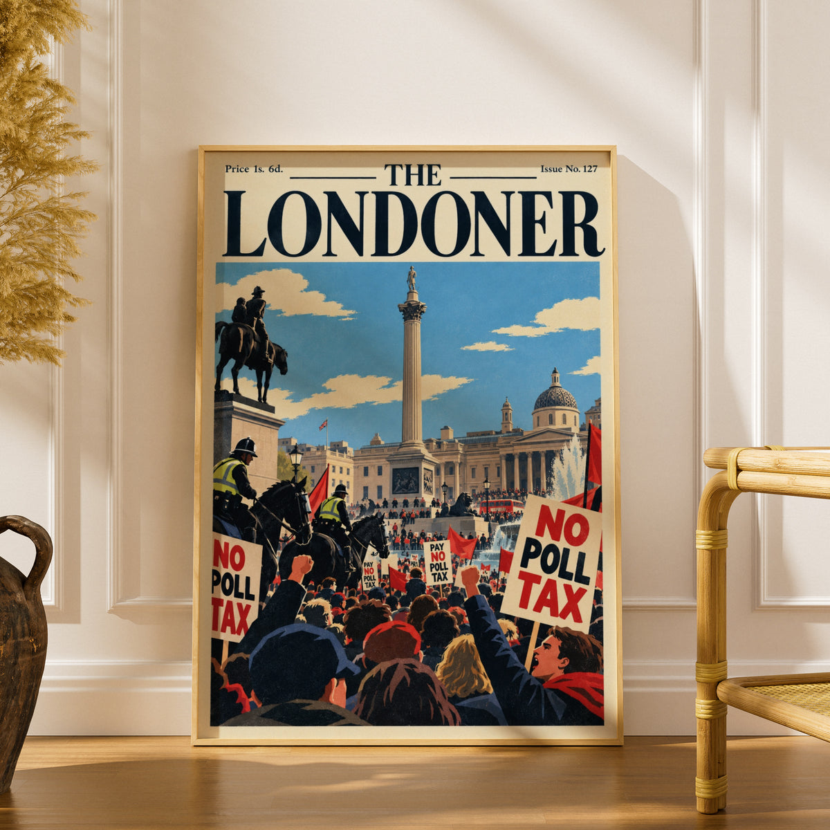 Trafalgar Square Protest Poster, Vintage London Magazine Cover Wall Art, Retro British Art Print
