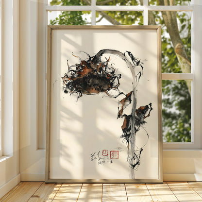 Ink Brush Sunflower Print, Japanese Style Monochrome Wall Art, Abstract Botanical Poster